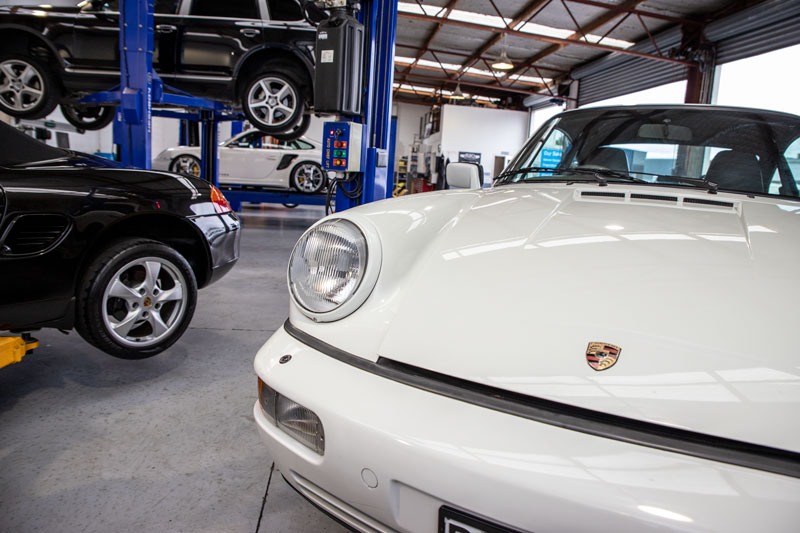 White Porsche in workshop